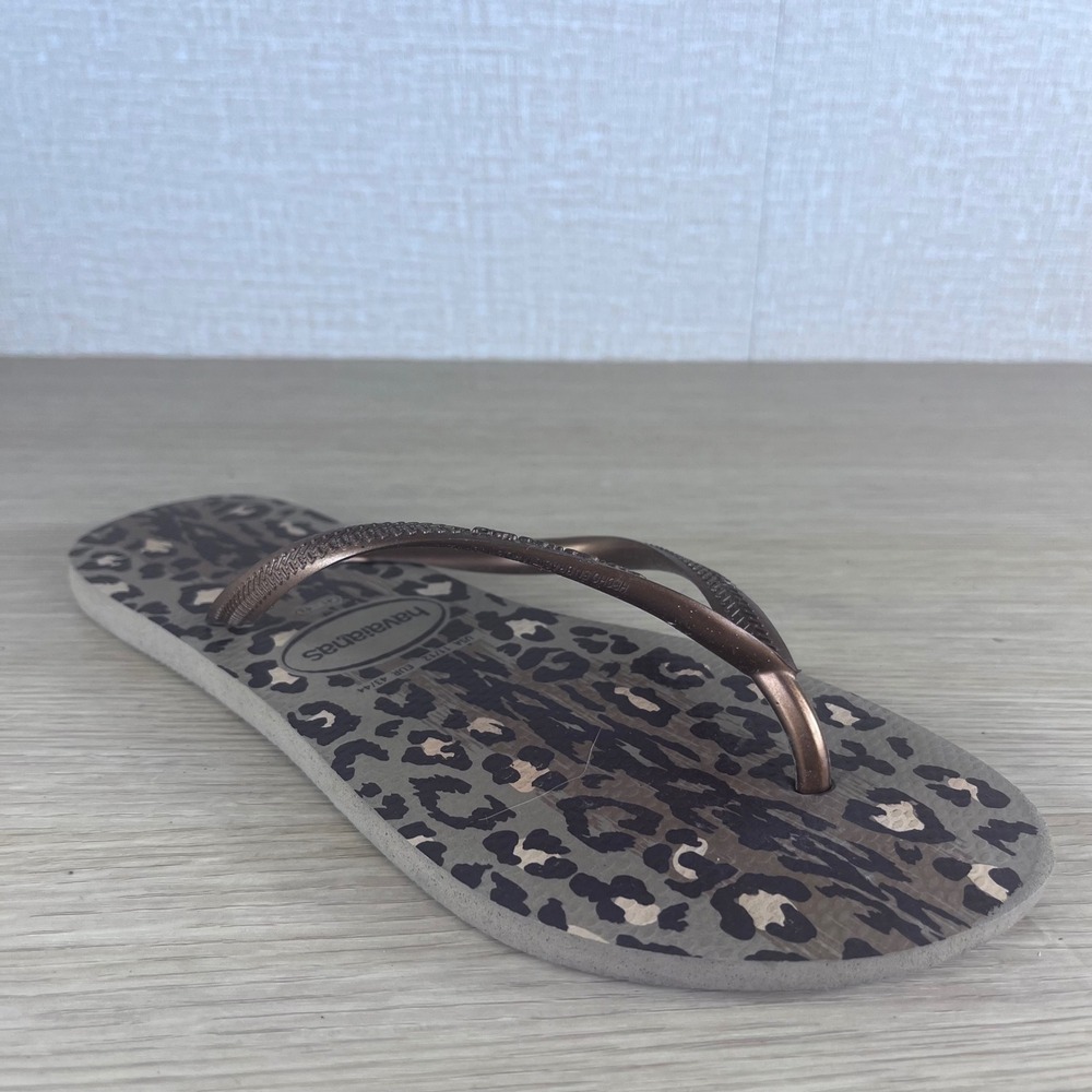 Havaianas Slim Leopard Print Flip Flops Bronze Metallic Strap Womens 11/12